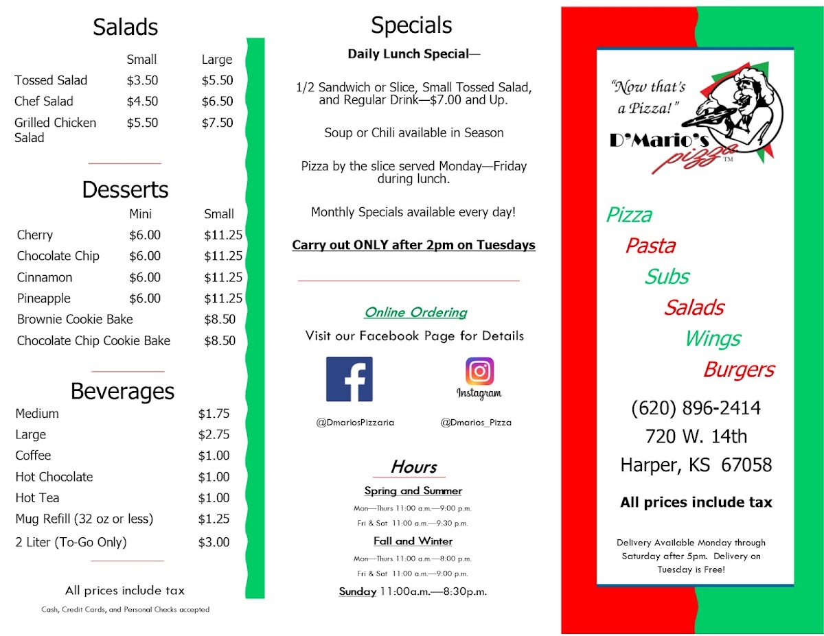 D'Mario's Pizza menu board