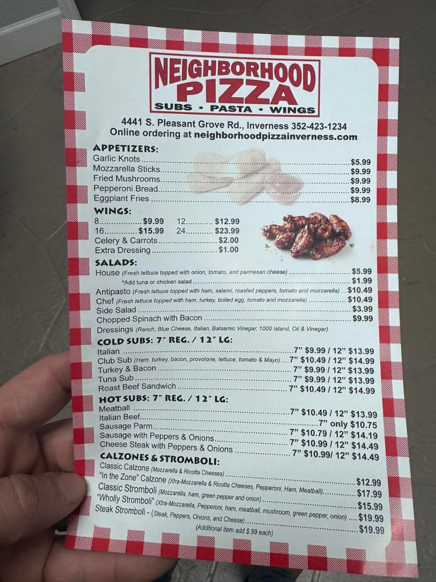 Neighborhood Pizza menu board