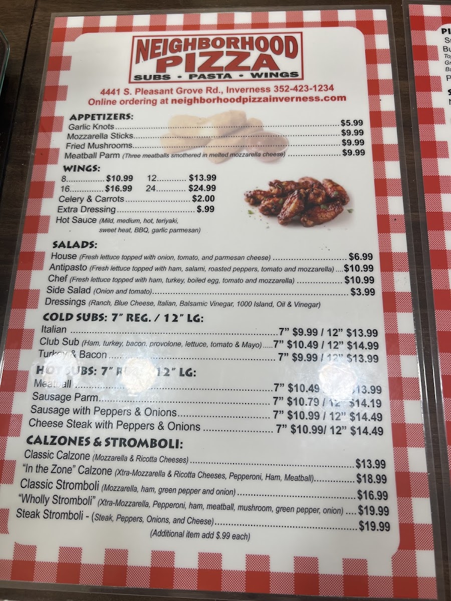 Neighborhood Pizza menu board