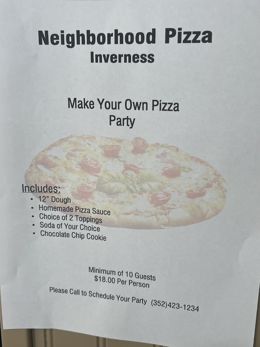Neighborhood Pizza menu board