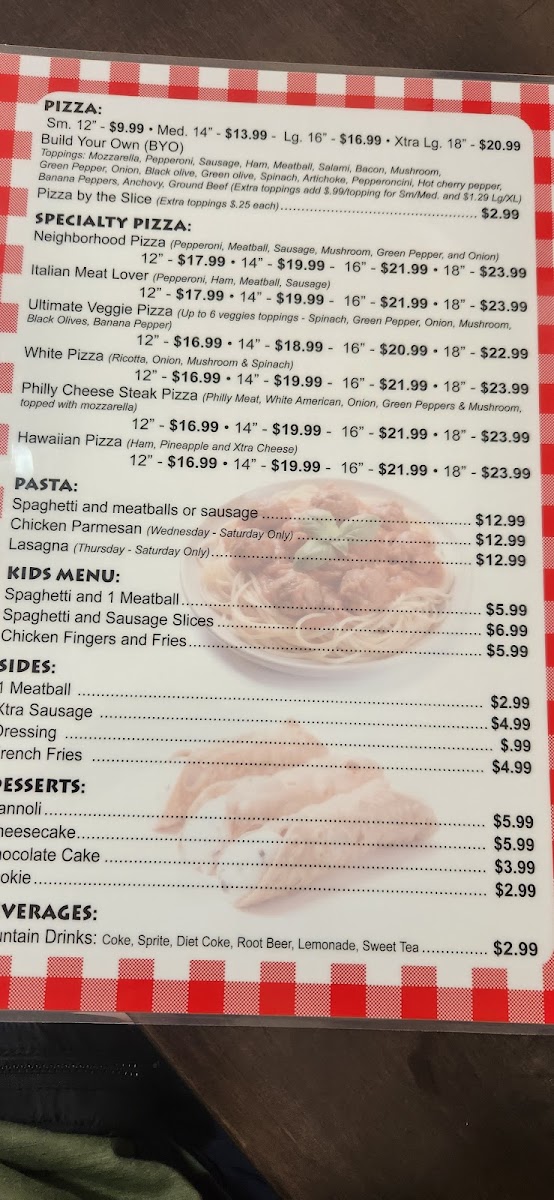 Neighborhood Pizza menu board