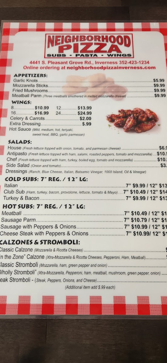 Neighborhood Pizza menu board
