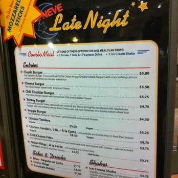 De Neve Late Night menu board