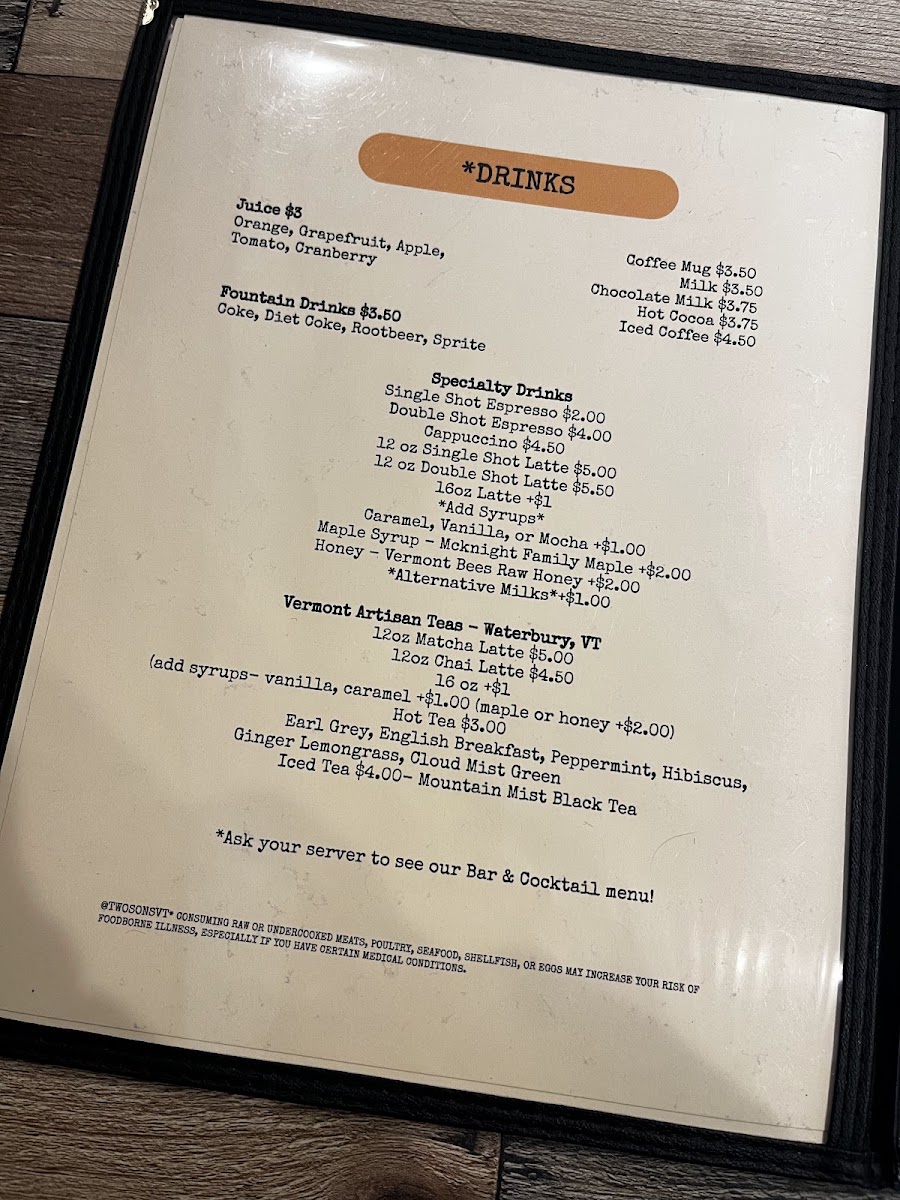Two Sons Bakehouse menu board