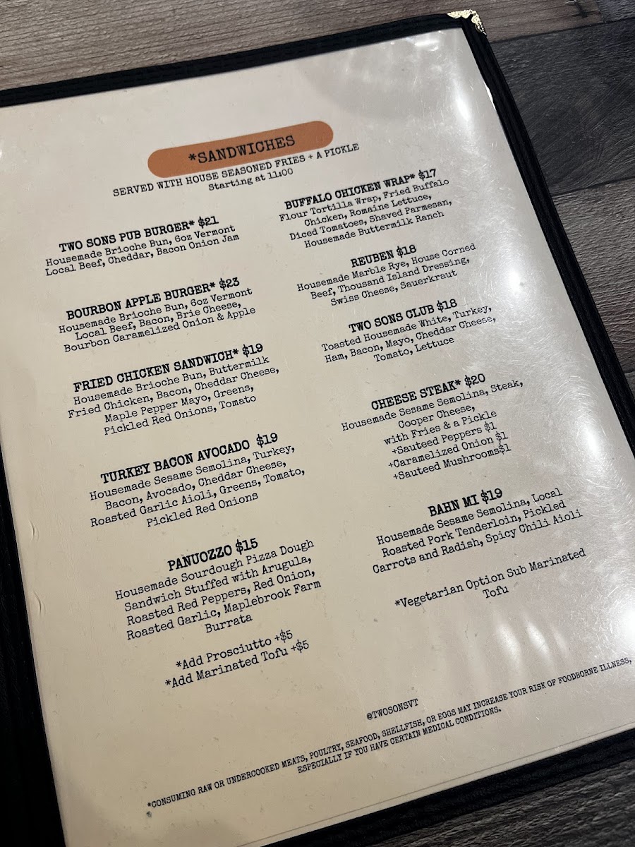 Two Sons Bakehouse menu board