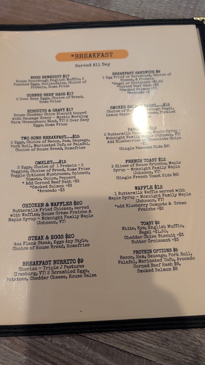 Two Sons Bakehouse menu board