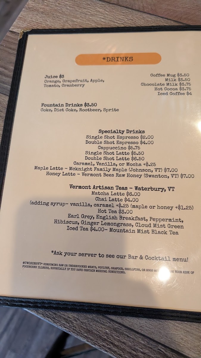 Two Sons Bakehouse menu board