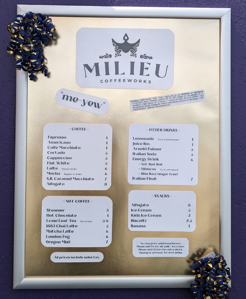 Milieu Coffeeworks menu board
