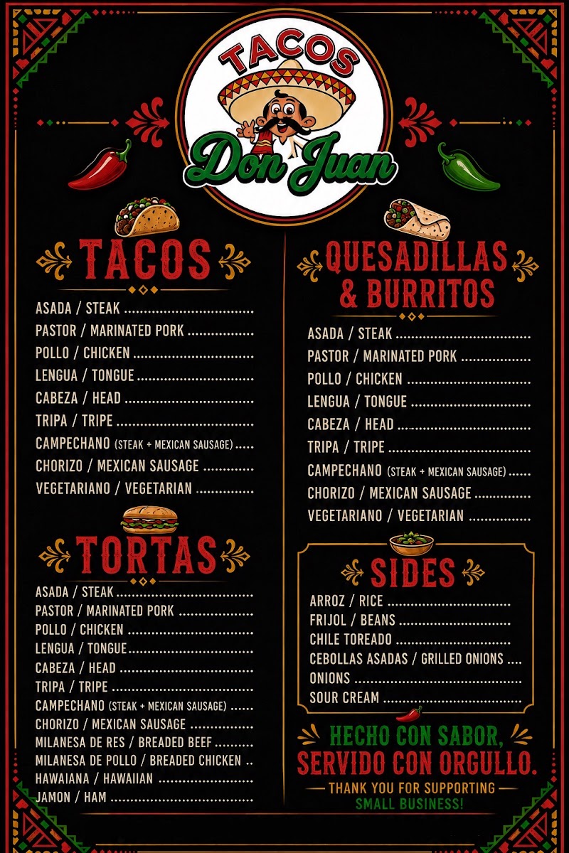 Tacos Don juan menu board