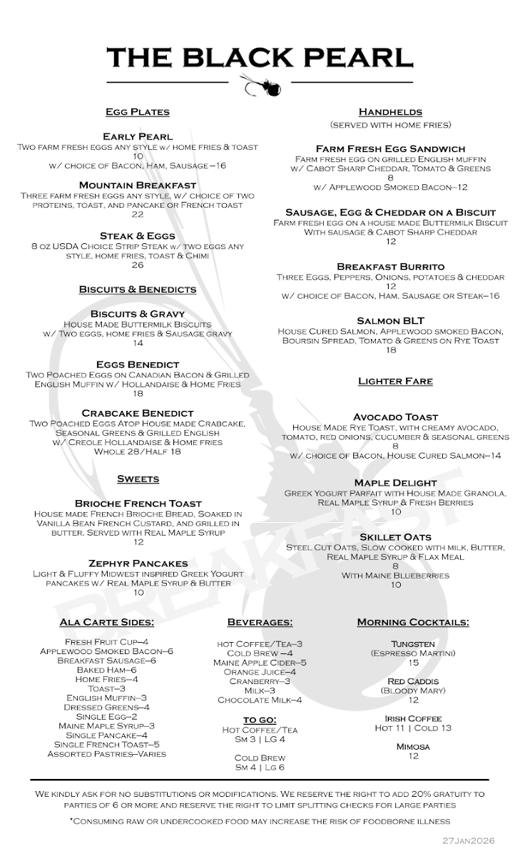 The Black Pearl, Rangeley menu board