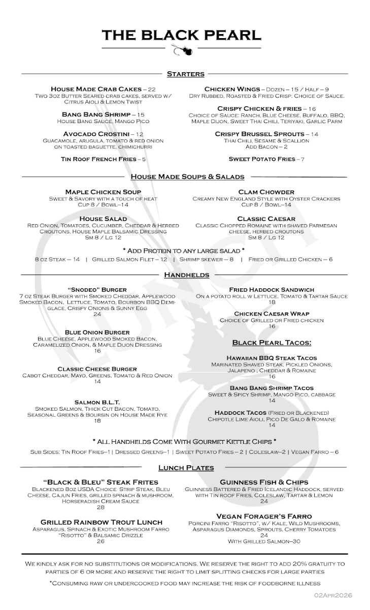 The Black Pearl, Rangeley menu board
