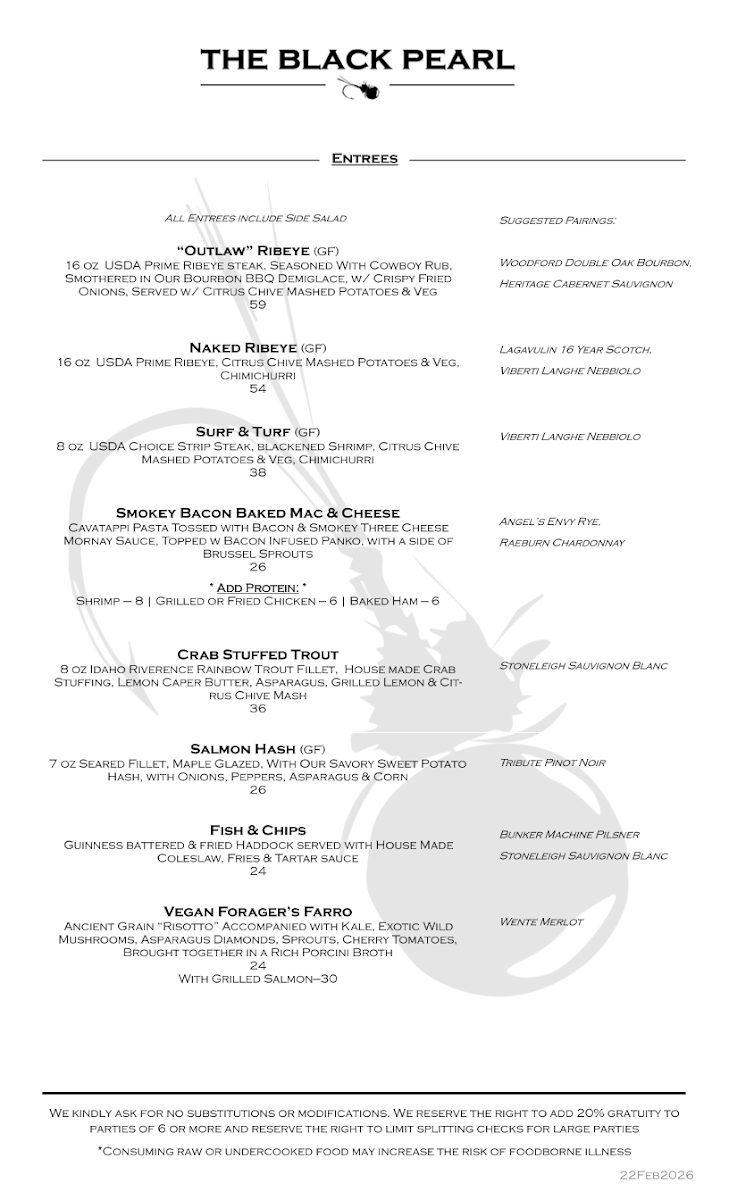 The Black Pearl, Rangeley menu board