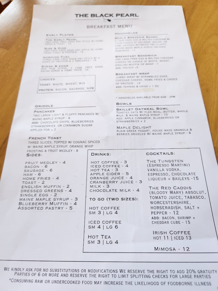 The Black Pearl, Rangeley menu board
