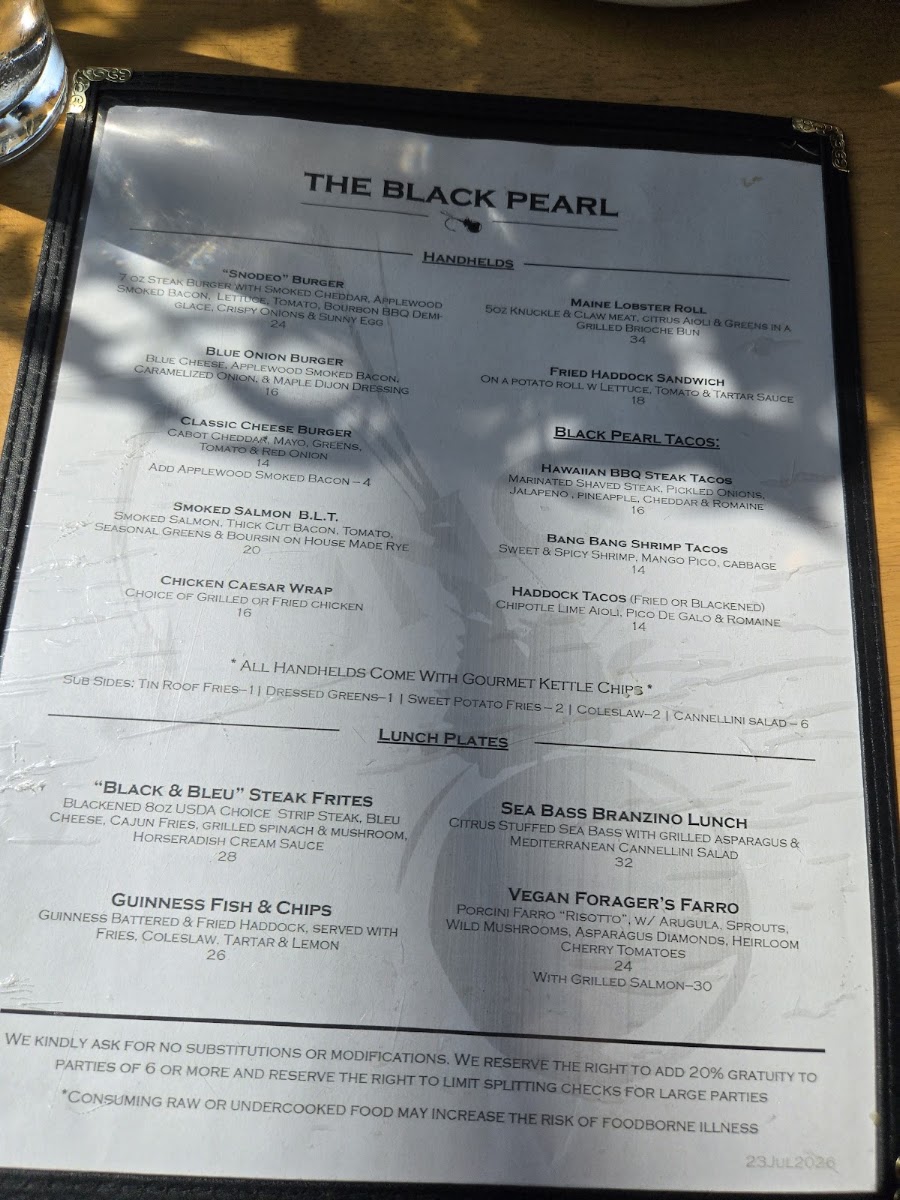 The Black Pearl, Rangeley menu board