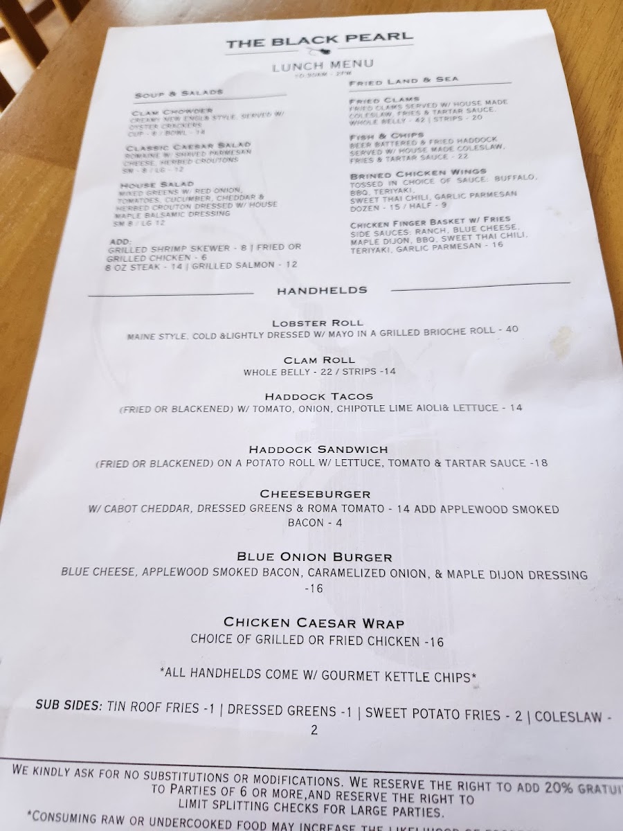 The Black Pearl, Rangeley menu board