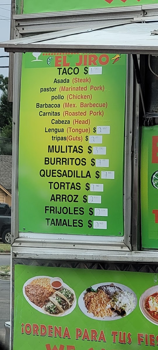 Taqueria El Jiro menu board