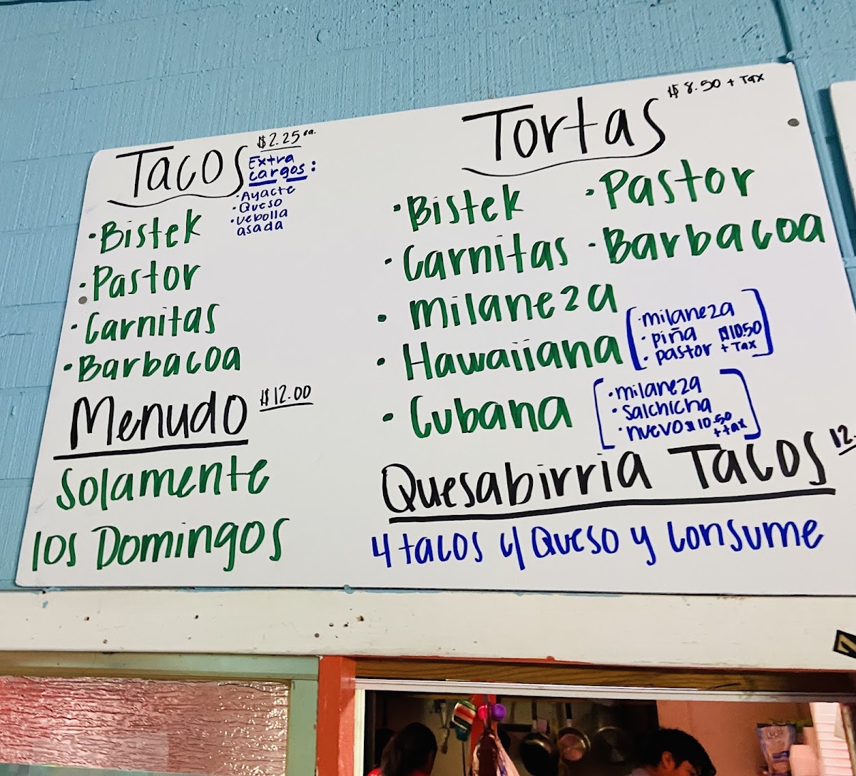 Tacos & Tortas Don Cosme menu board