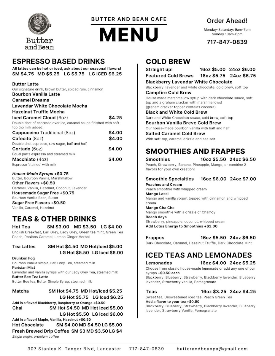 Butter and Bean Cafe-Tanger Outlets menu board