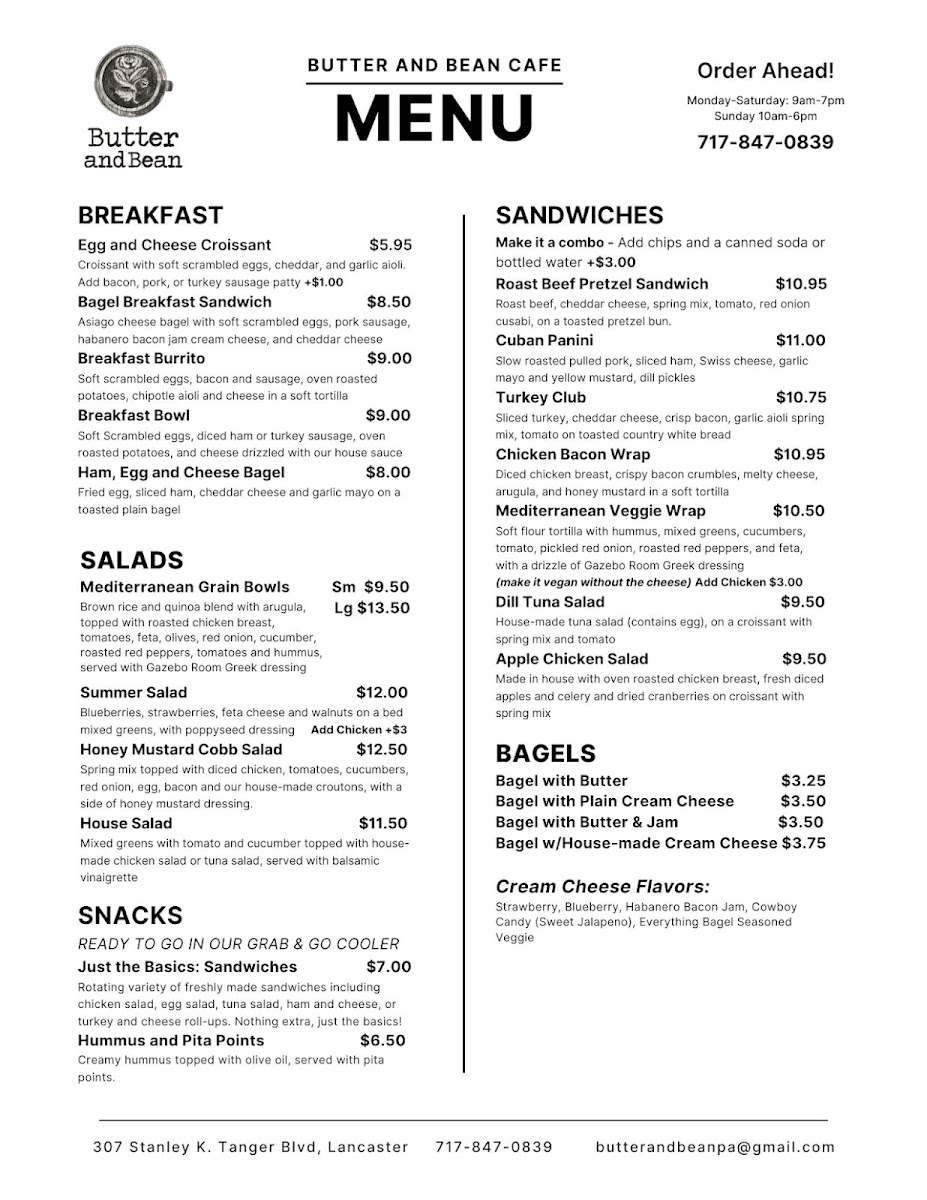 Butter and Bean Cafe-Tanger Outlets menu board