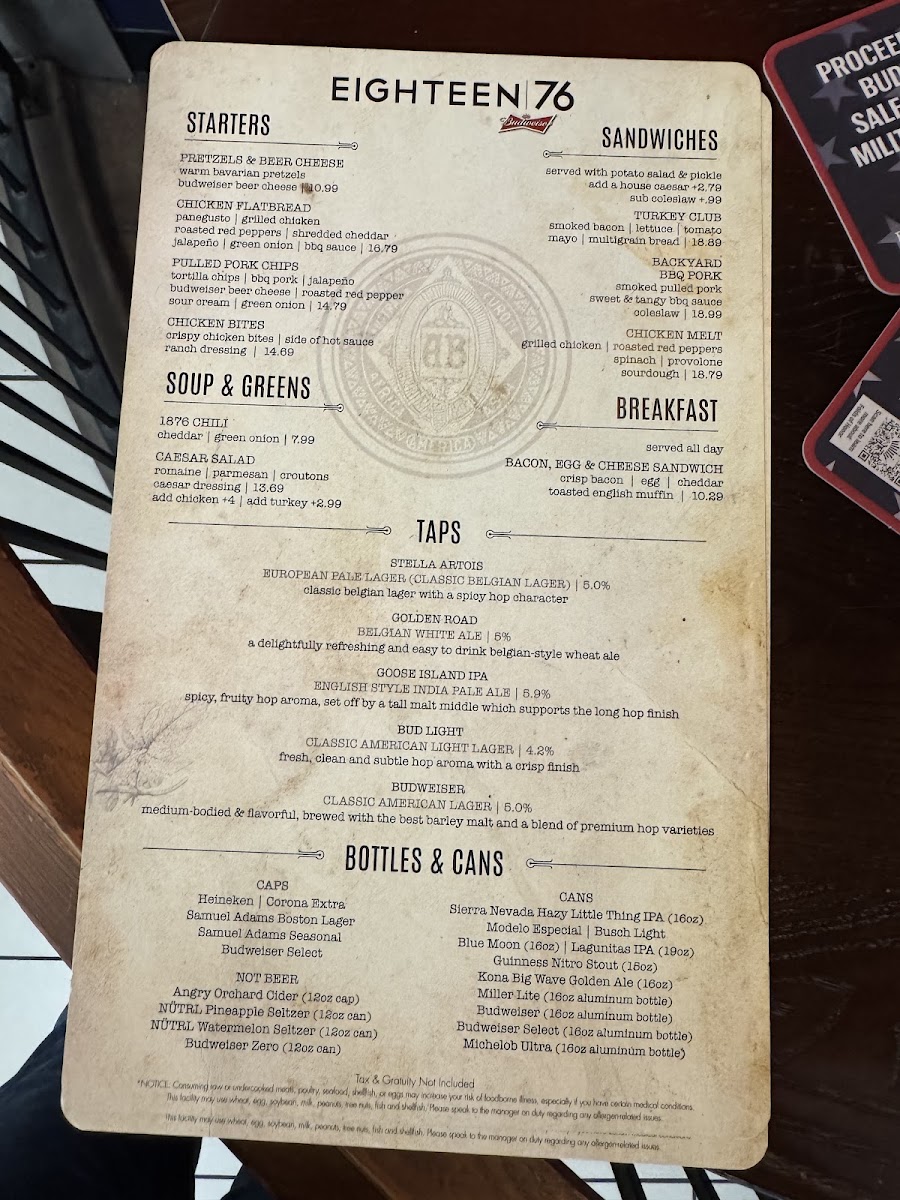 Budweiser 1876 menu board