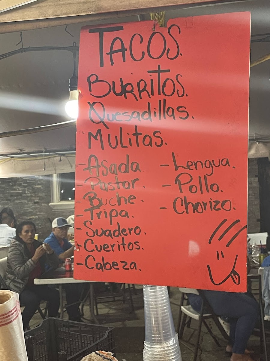 Tacos Indiana menu board