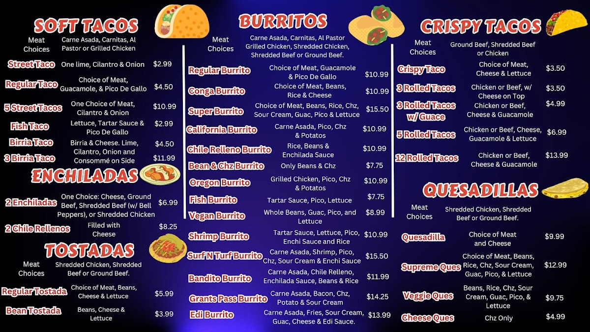 Ediberto's Taco Shop menu board