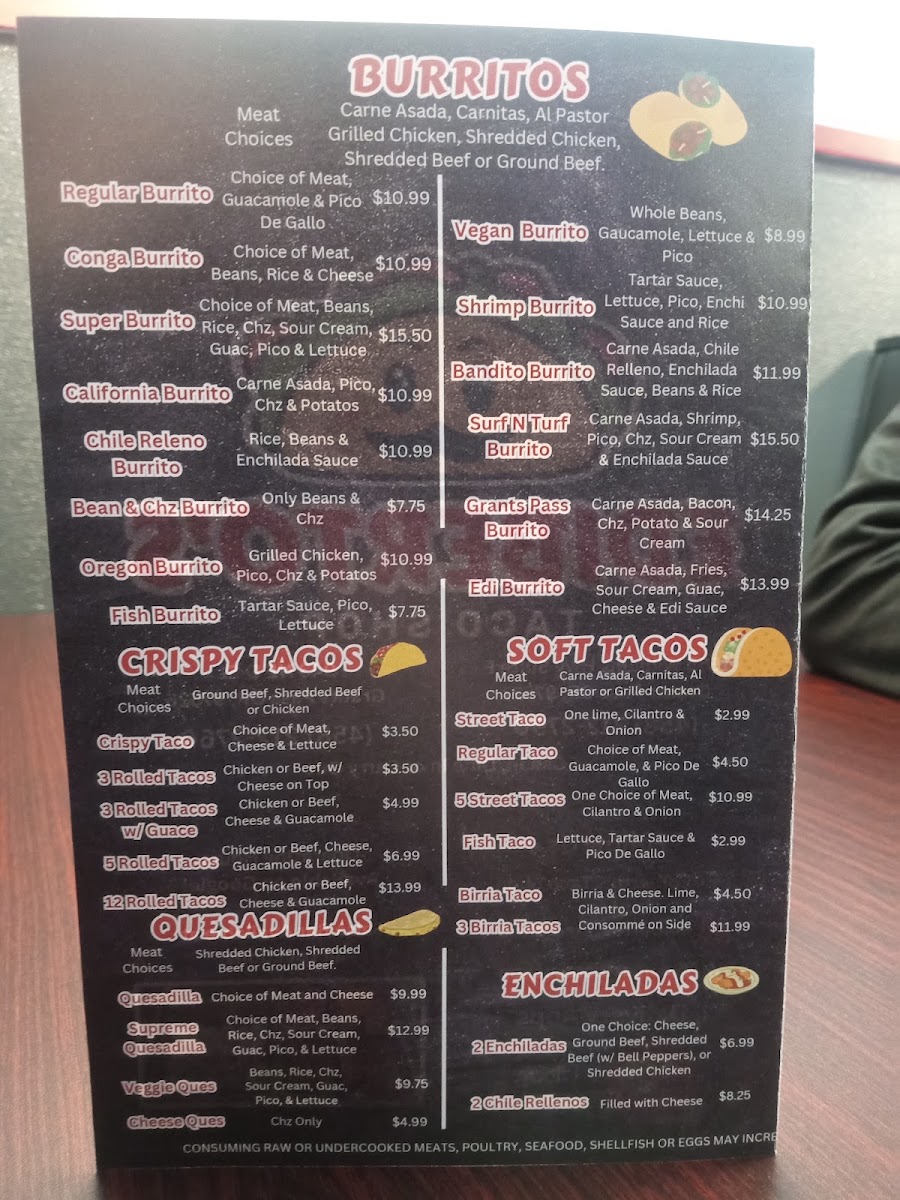 Ediberto's Taco Shop menu board