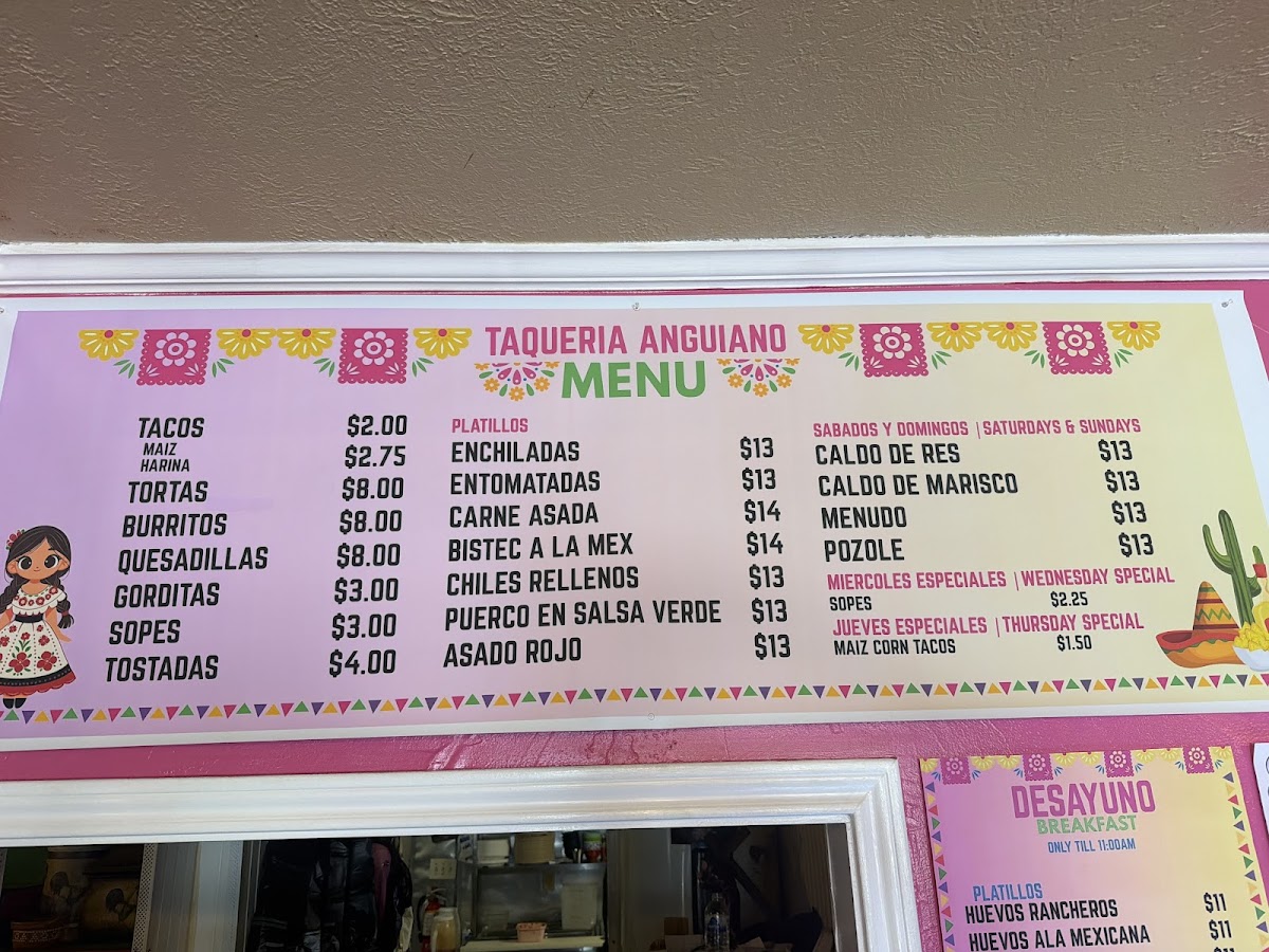 Taqueria Anguiano menu board