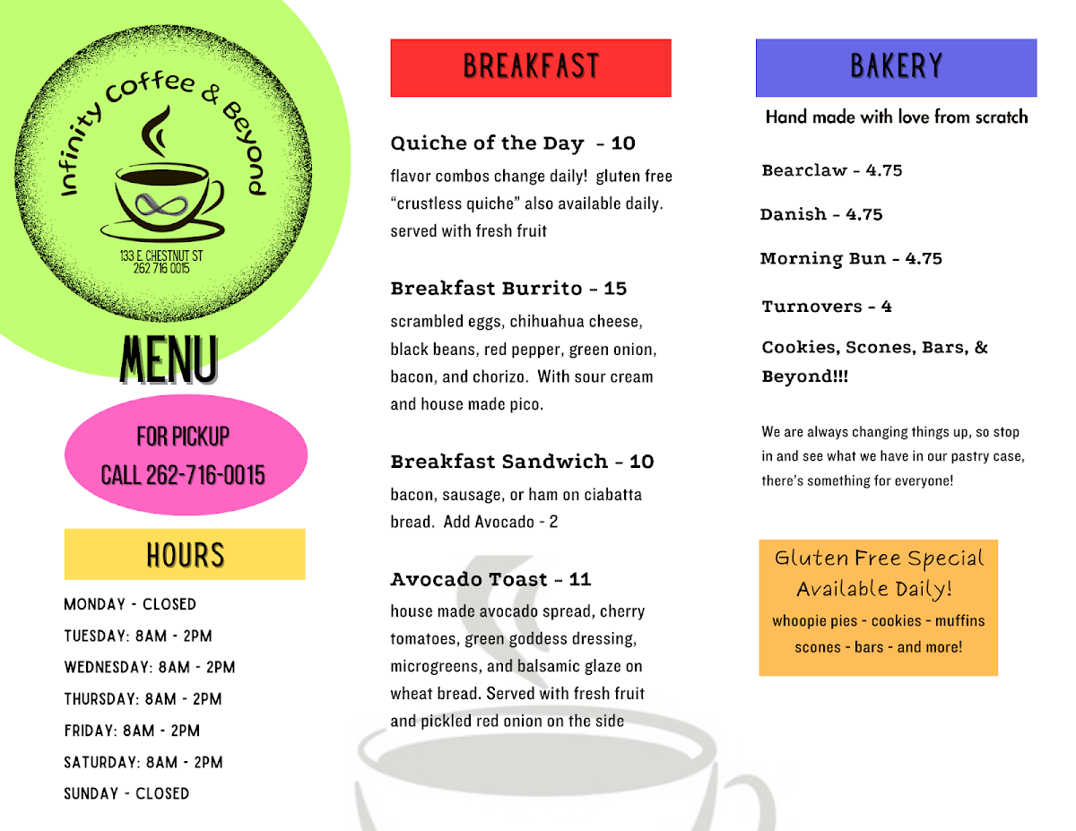 Infinity Coffee & Beyond menu board