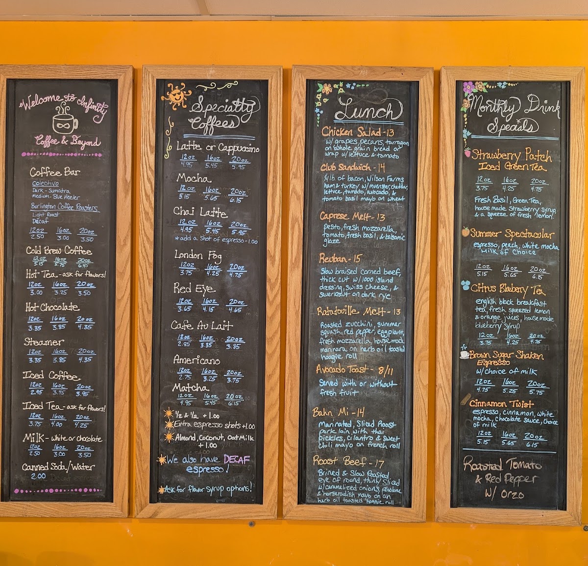 Infinity Coffee & Beyond menu board