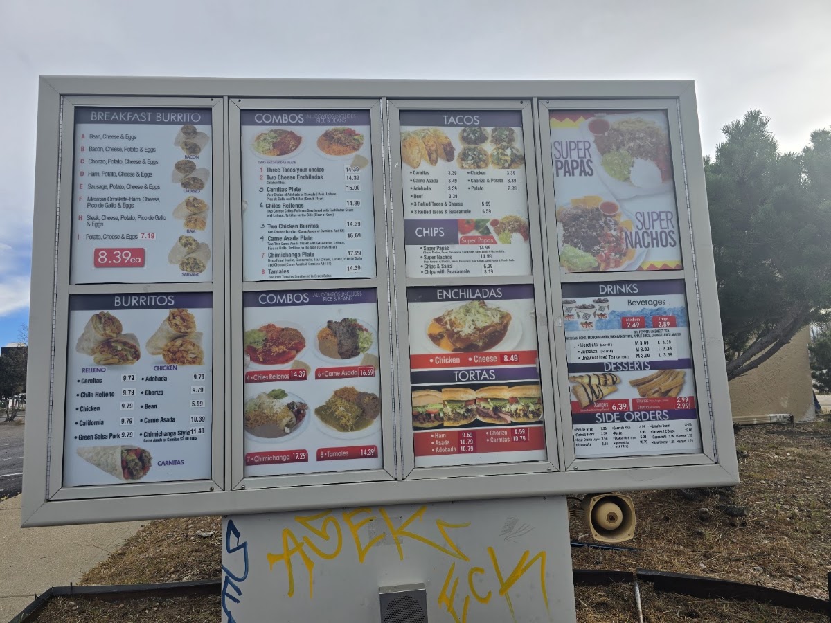 Viva Burrito CO menu board