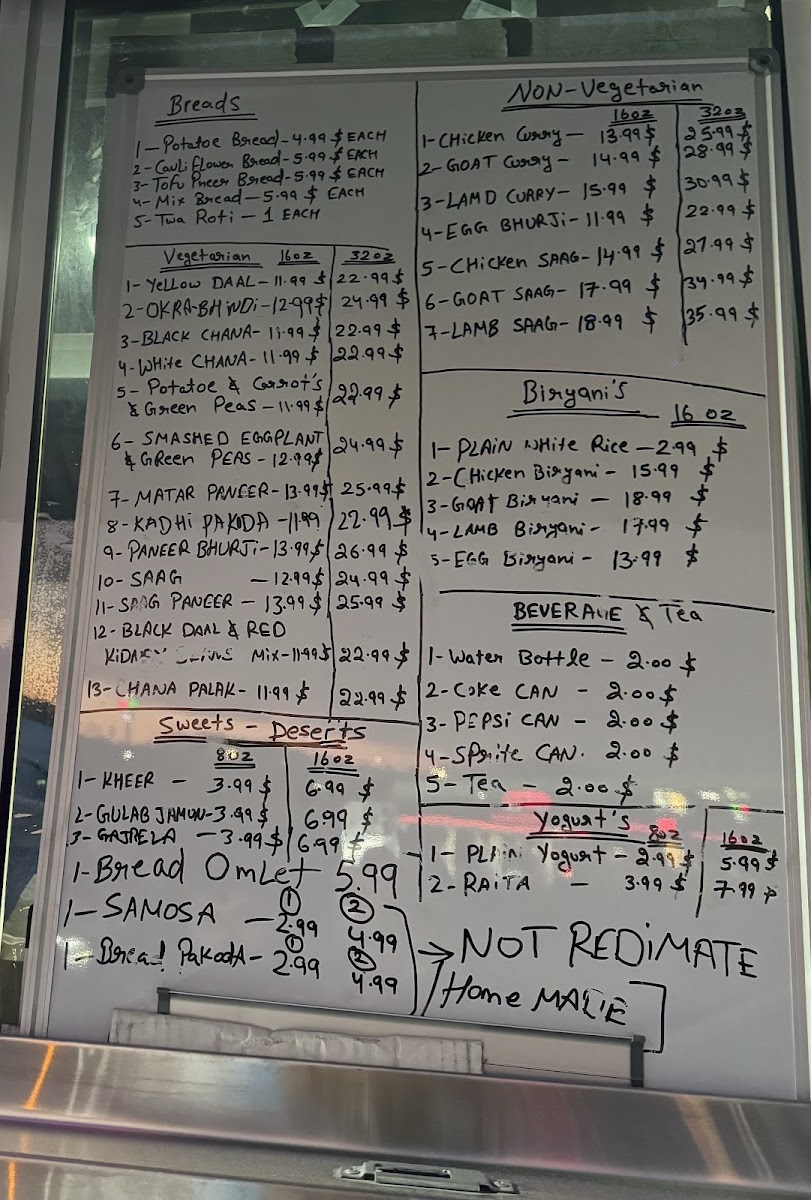 Murthal Dhaba Indian Restaurant menu board
