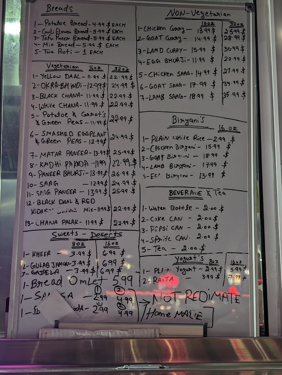 Murthal Dhaba Indian Restaurant menu board