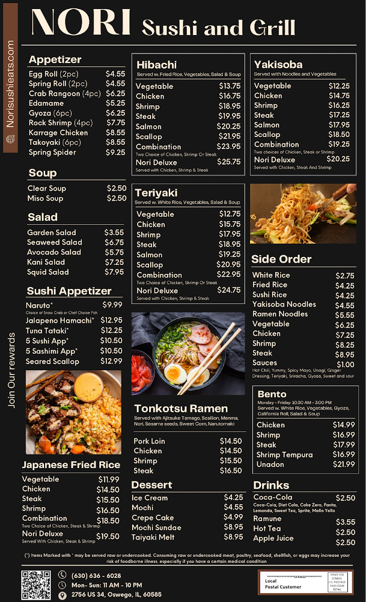 Nori Sushi & Grill menu board