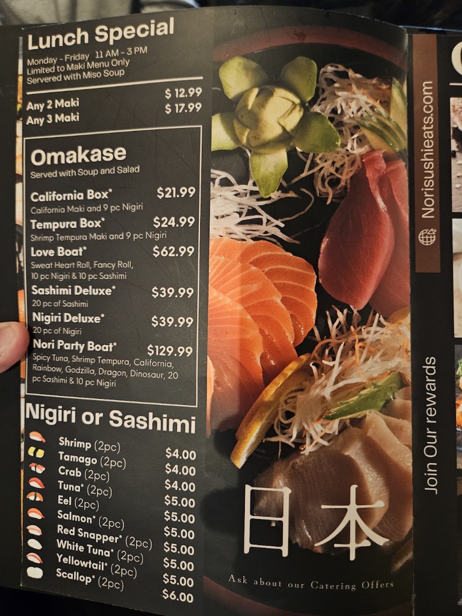 Nori Sushi & Grill menu board