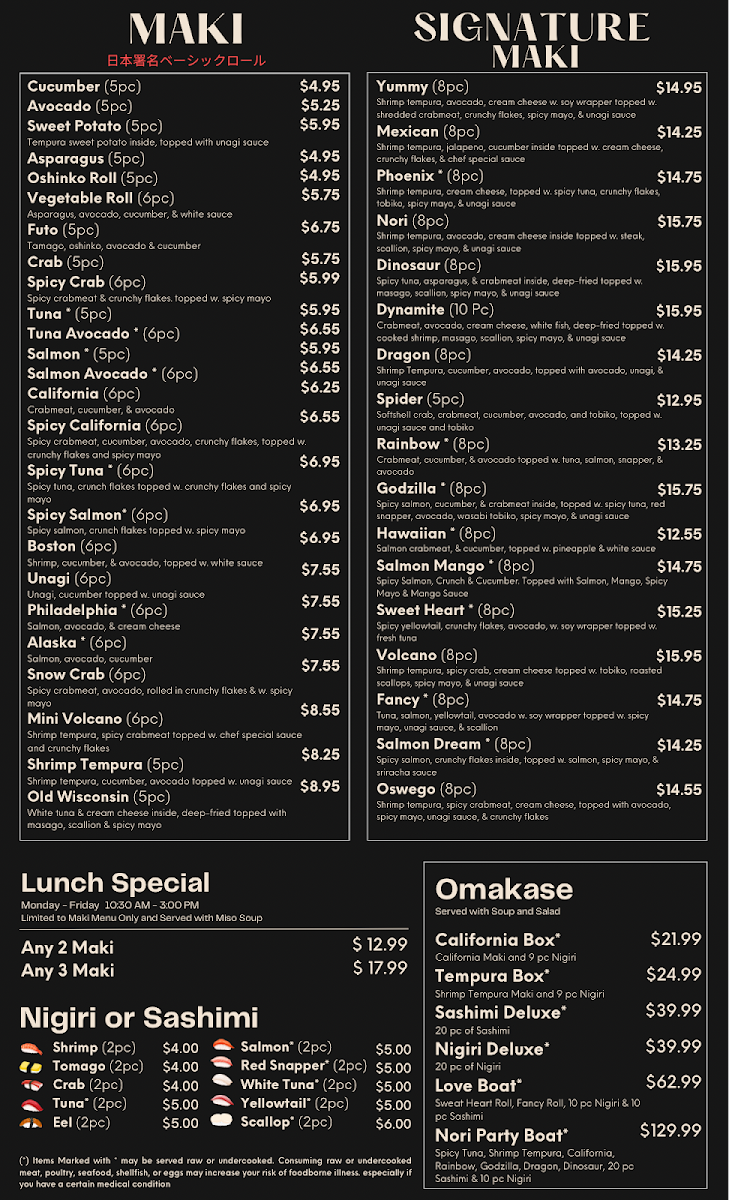 Nori Sushi & Grill menu board