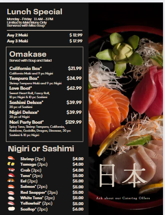 Nori Sushi & Grill menu board