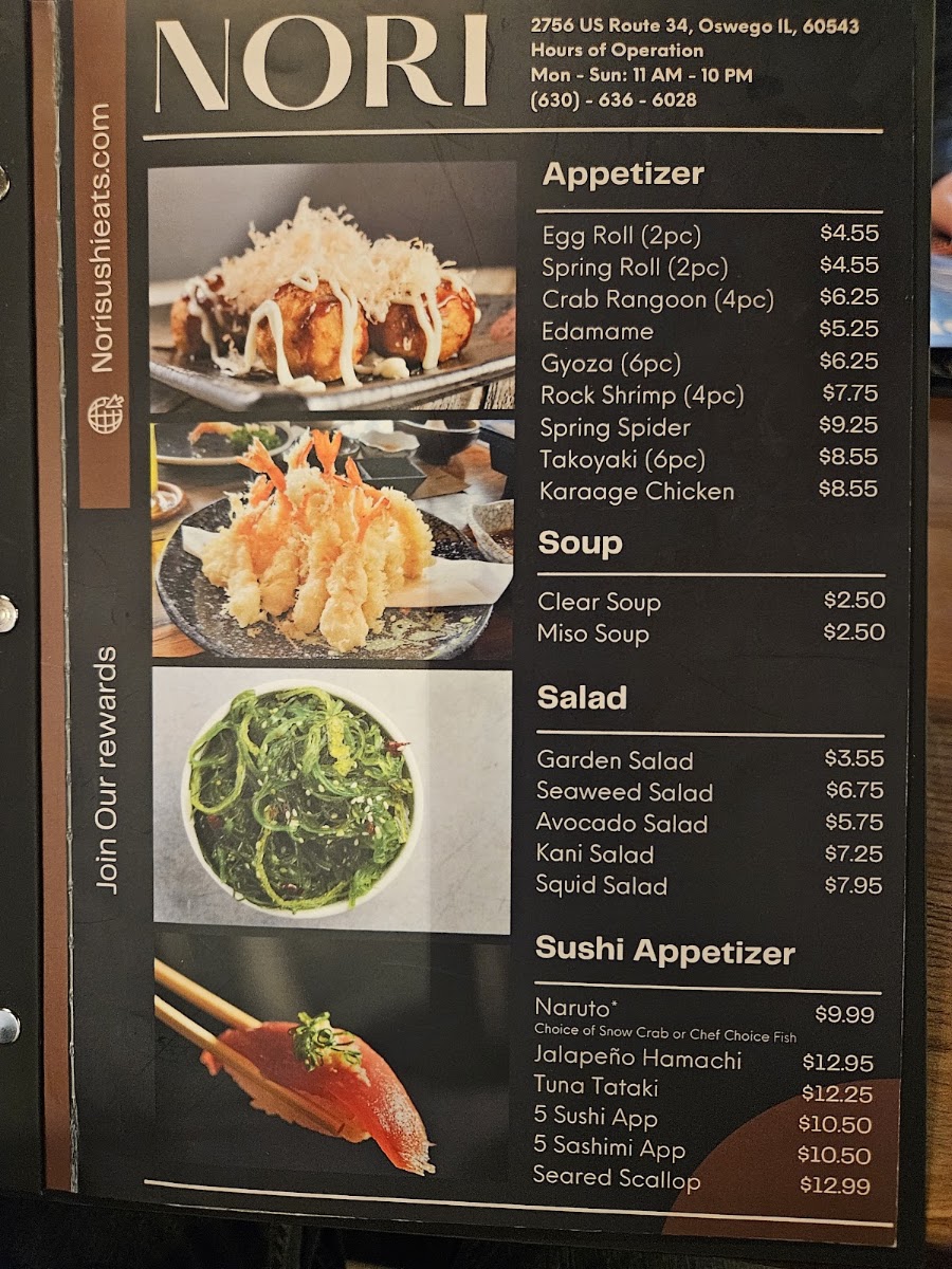 Nori Sushi & Grill menu board