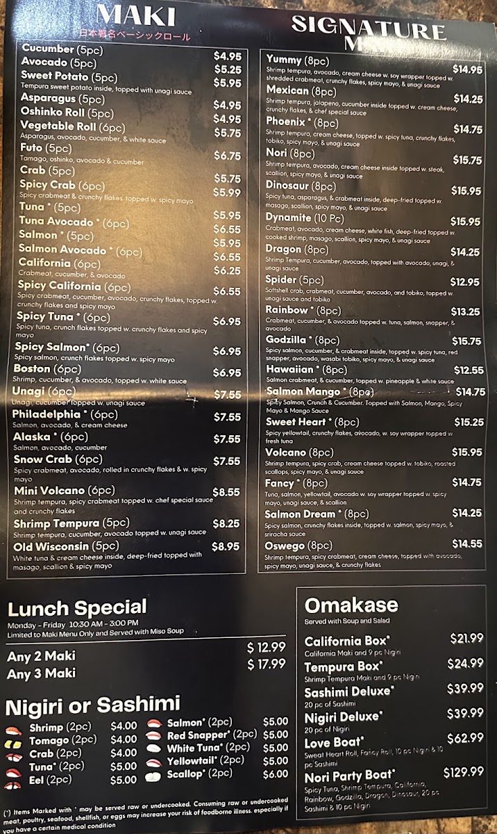 Nori Sushi & Grill menu board