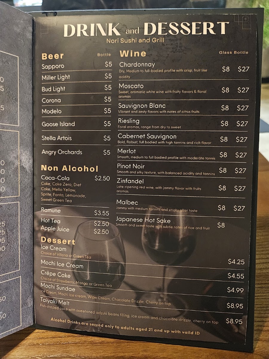 Nori Sushi & Grill menu board