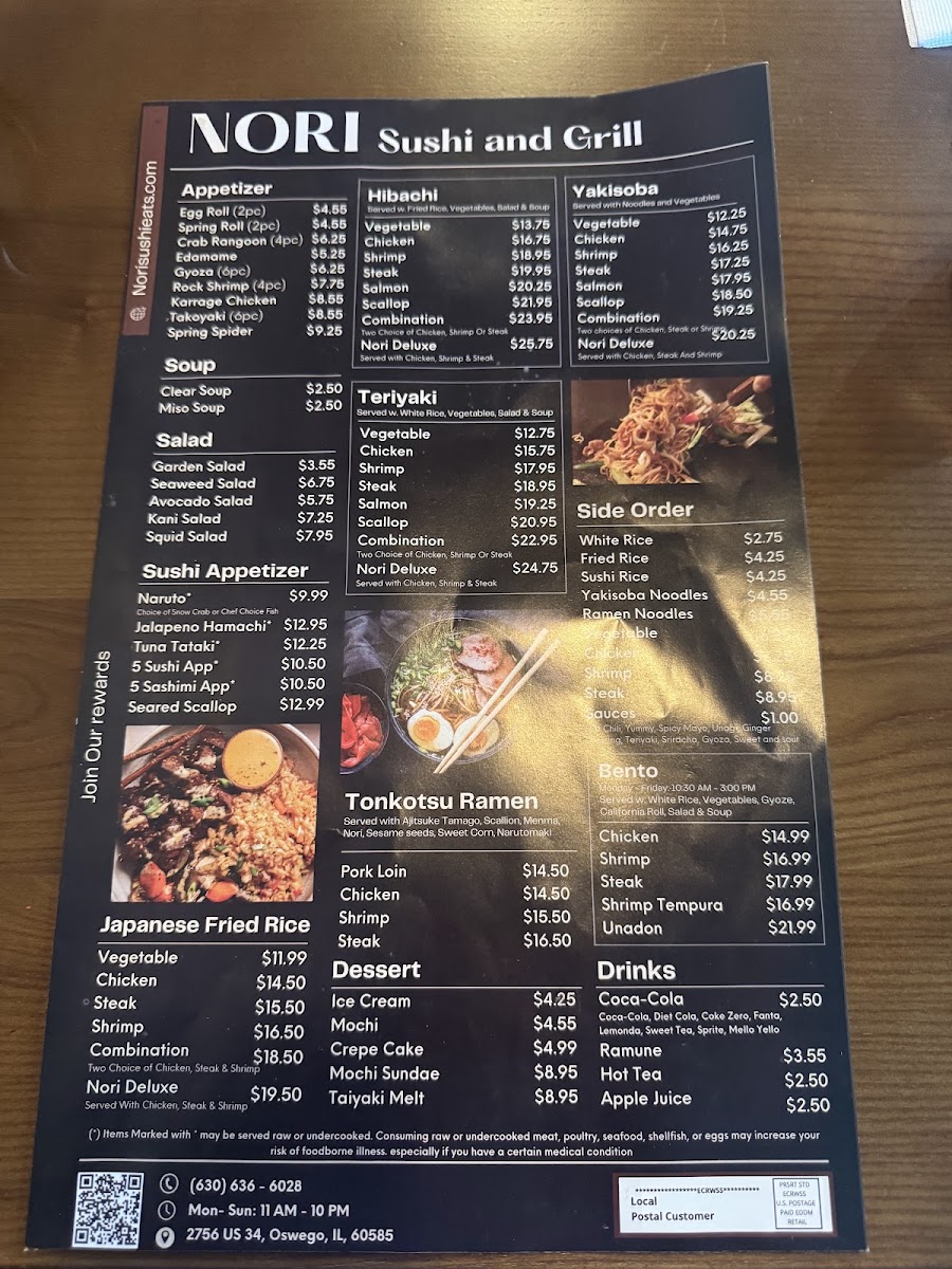 Nori Sushi & Grill menu board