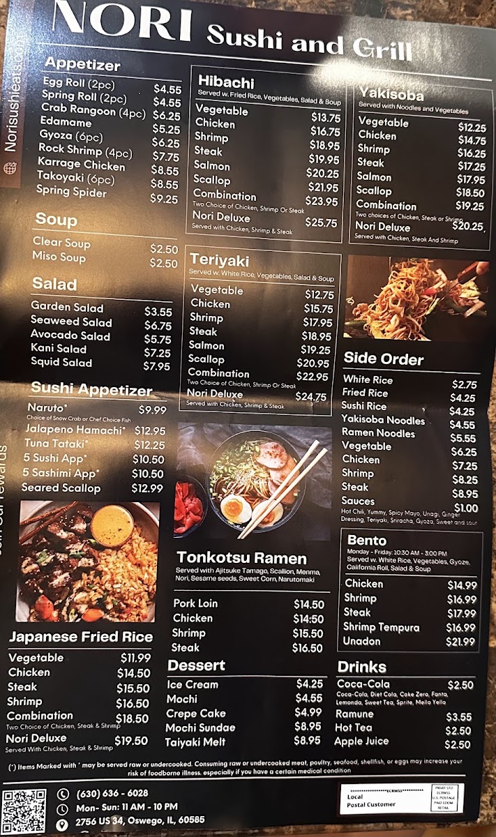 Nori Sushi & Grill menu board