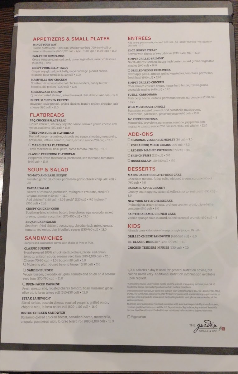 Garden Grille & Bar menu board