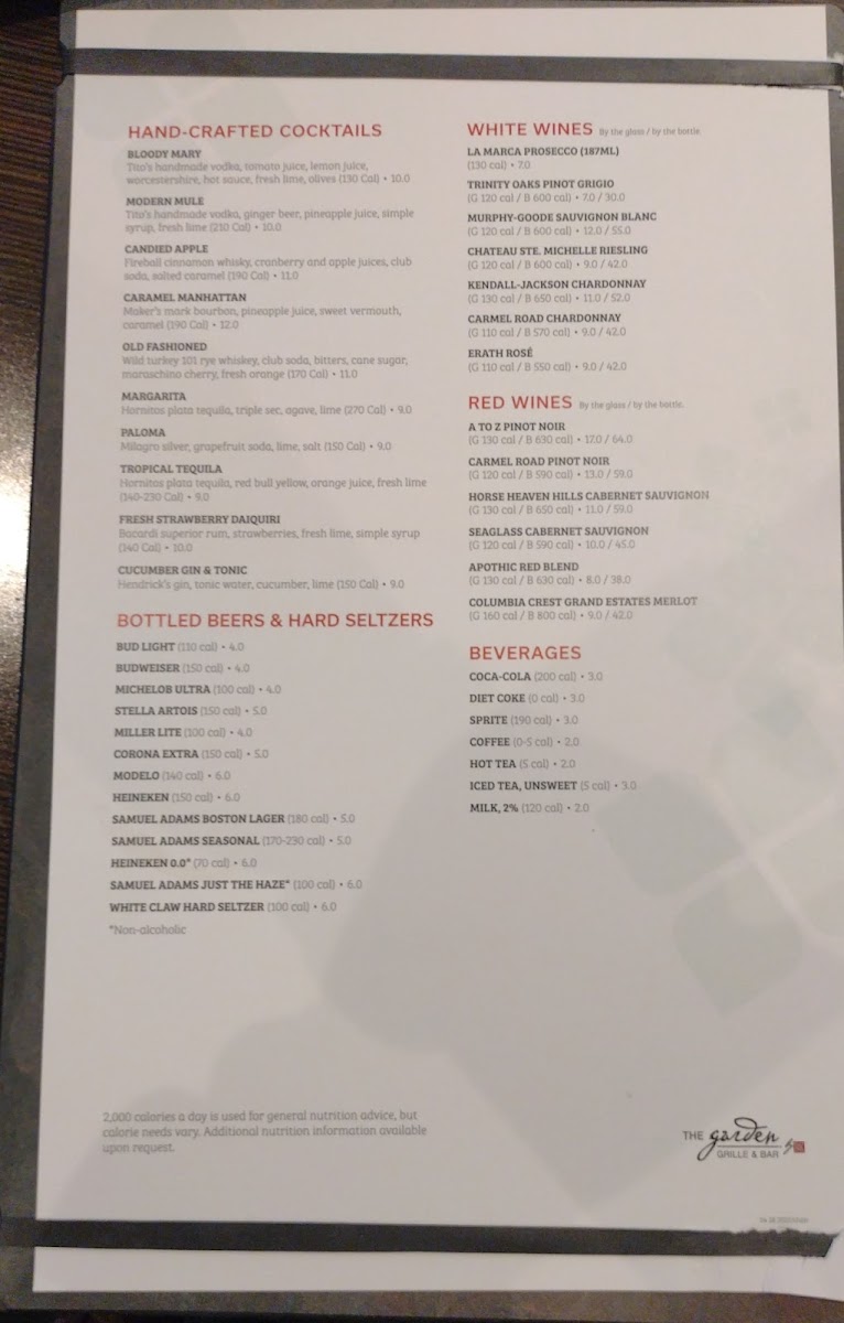 Garden Grille & Bar menu board