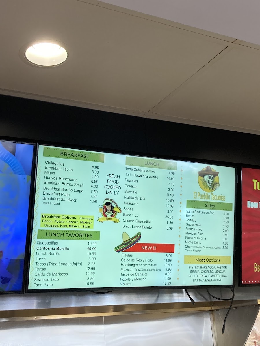 La Sureña Taquerias menu board