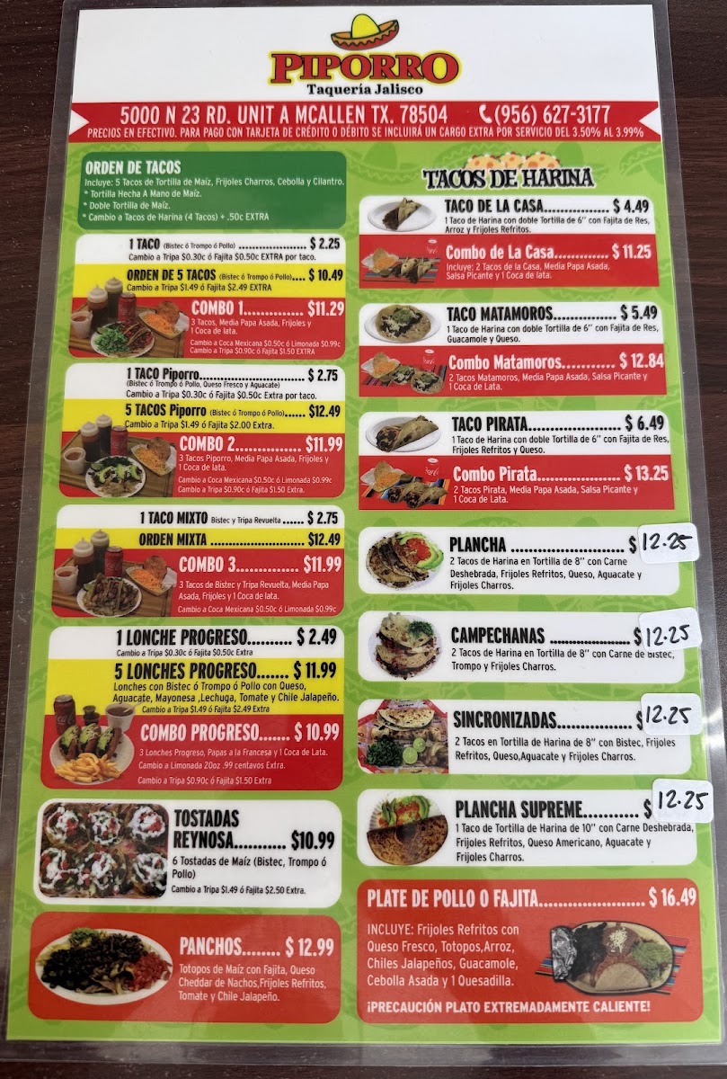 Piporro Taqueria Jalisco menu board