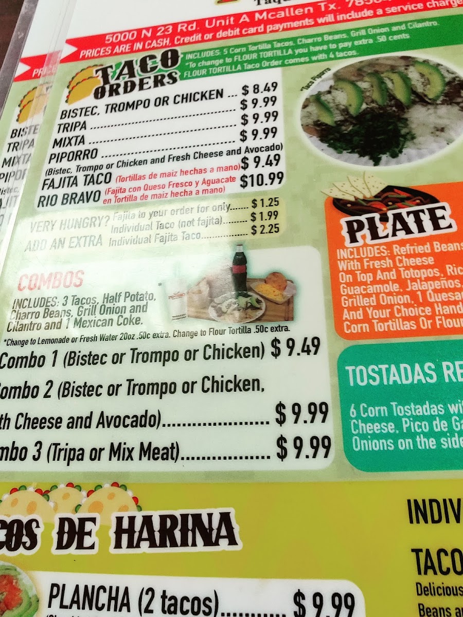 Piporro Taqueria Jalisco menu board