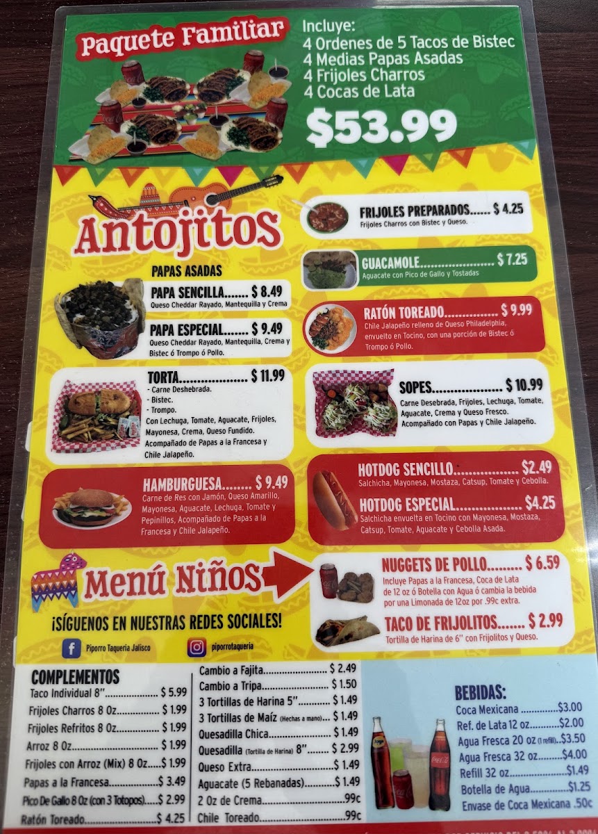 Piporro Taqueria Jalisco menu board
