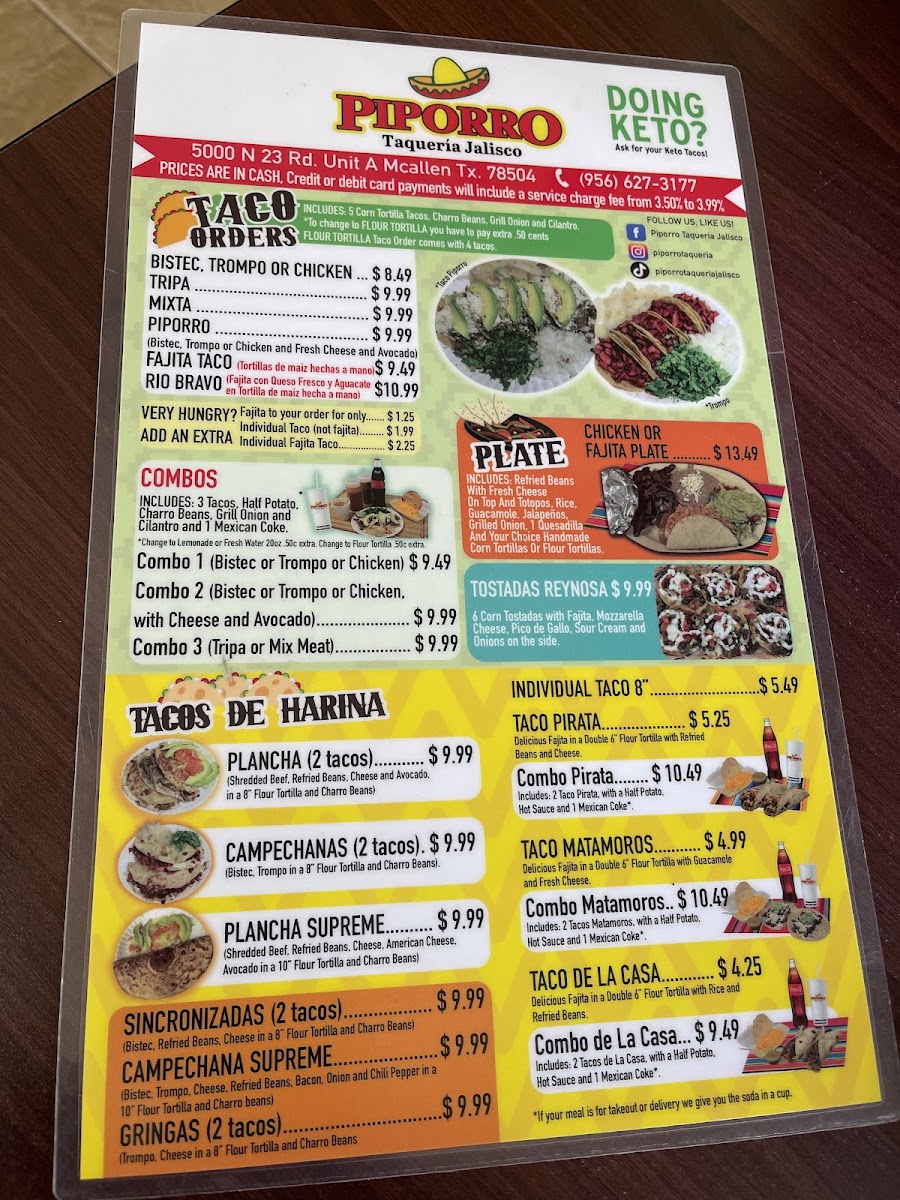 Piporro Taqueria Jalisco menu board