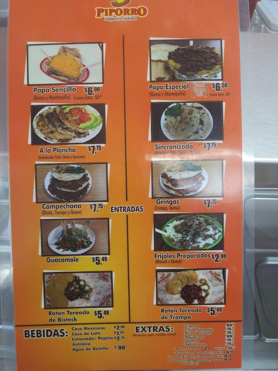 Piporro Taqueria Jalisco menu board
